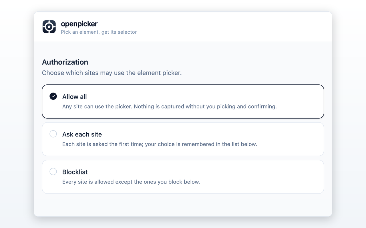 The options page: choosing the authorization mode
