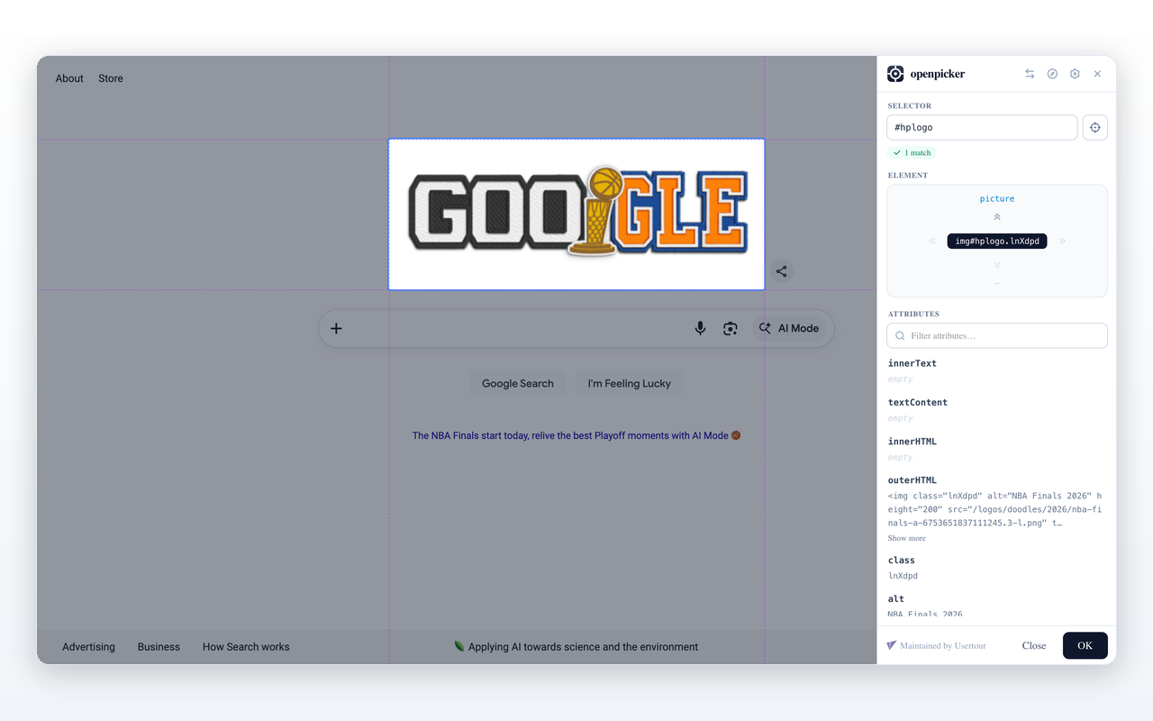 The picker sidebar: editable selector, match count, DOM-tree navigator, and attributes