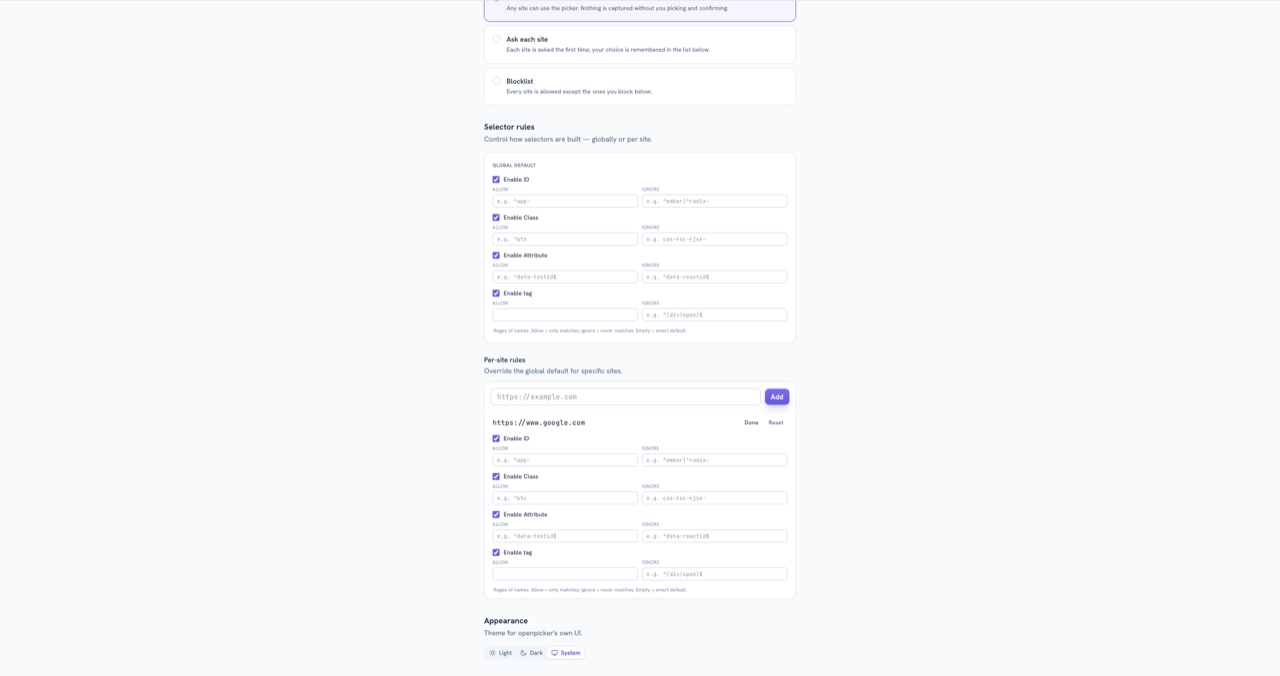 The options page's Selector rules: a global default plus per-site overrides